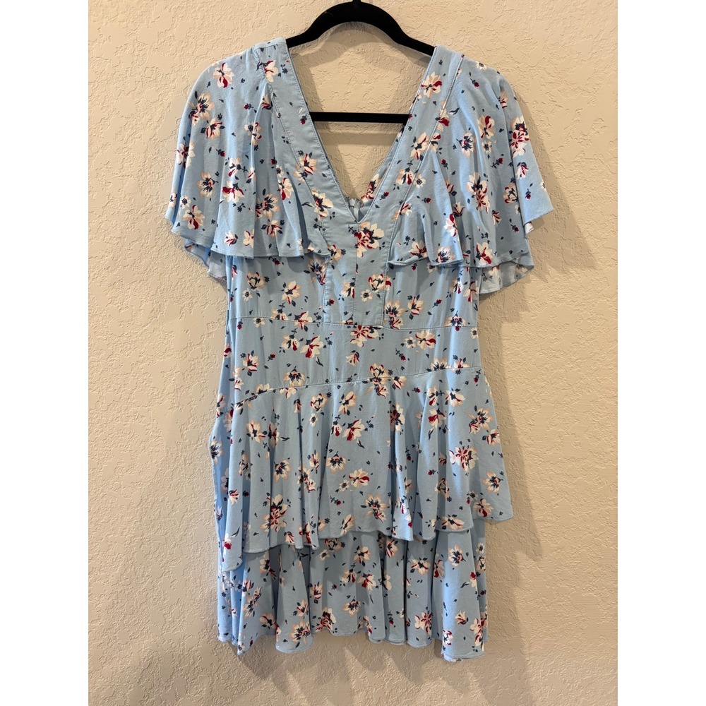 Bongo Blue Floral Tiered Ruffle Mini Dress V-Neck Short Sleeve Rayon L